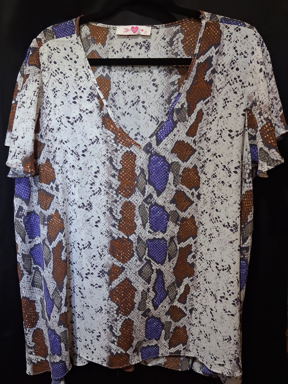 Large Buddy Love V-Neck Blouse with Brown & Purple Snake Print